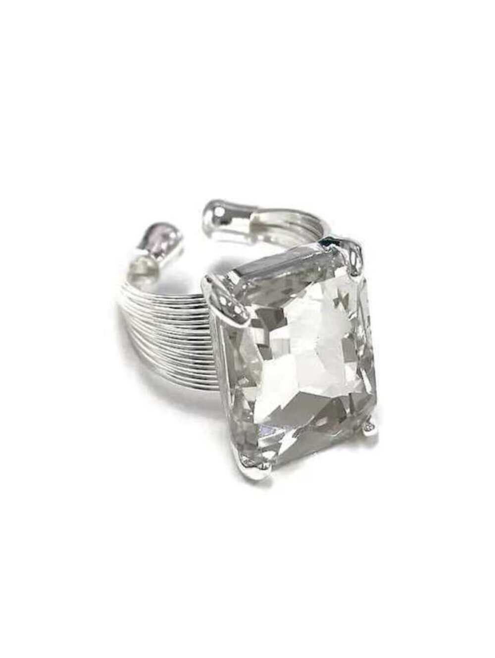 Modern Classic Rectangular Glass Crystal Adjustable Ring Silver Clear